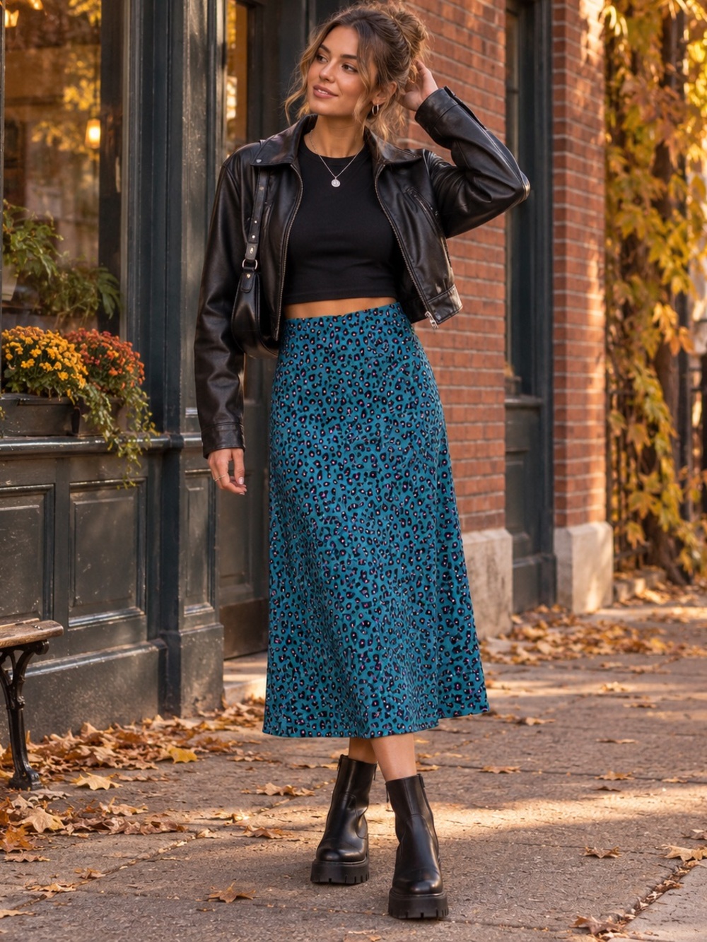 Elodie Teal Leopard Midi Skirt Medium Y2K Animal Print Indie Sleaze